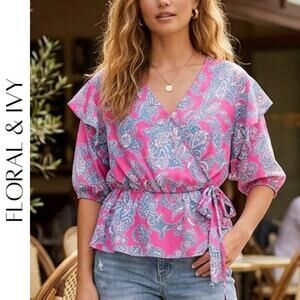 Floral & Ivy NWT Pink Blue Paisley Floral Peplum Blouse Surplice V-Neck Size L
